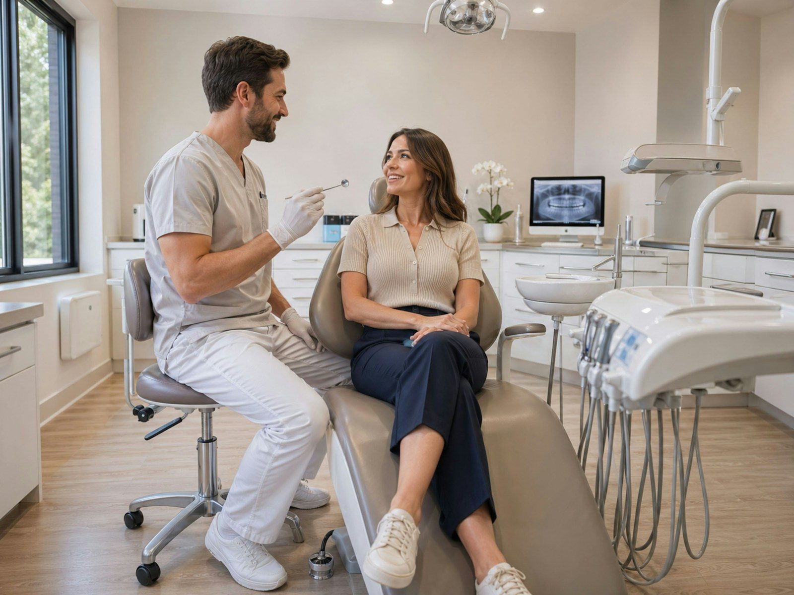 A dentist talking with a patient in a modern dental office